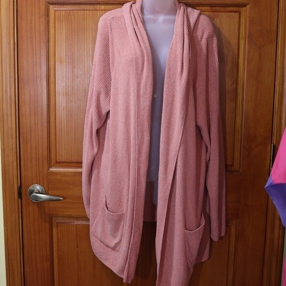Barefoot Dreams Coral Pink Open Front Cardigan Ribbed Chenille Sweater 3X - Picture 2 of 9